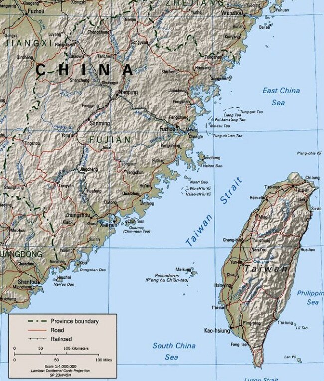 The Taiwan Strait is about 160km wide. Picture: Central Intelligence Agency