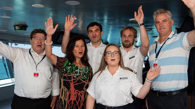 Shaun Drabsch CEO of DITT, Natalya Leahy President of SeaBourn Cruise Line, Captain Ertan Vasvi, Benna Runcie, Just Rustige and Minister Bowden as the luxury cruise ship Seabourn Pursuit arrives Darwin Port for the first time this year for its first season in the Kimberleys. Picture: Pema Tamang Pakhrin