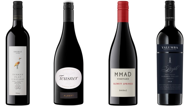 Turkey Flat shiraz 2020, Teusner Albert 2021, MMAD shiraz 2022 and the Yalumba Steeple shiraz 2019.