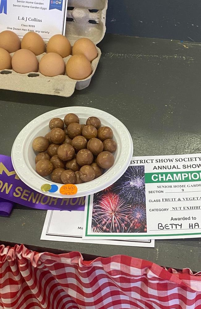 Betty Hall won Grand Champion for her macadamias on day two of the Gympie show.