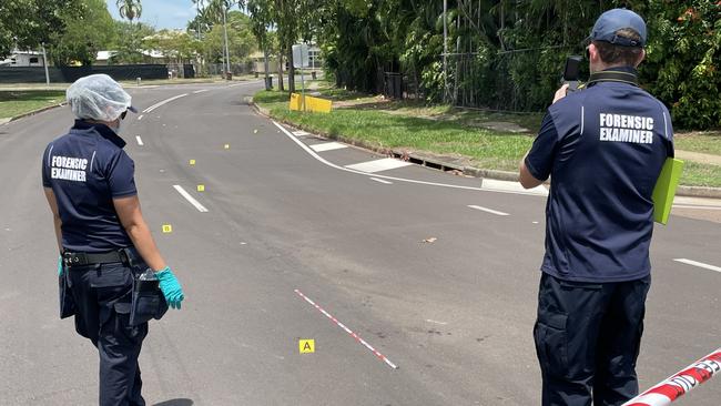 The crime scene in Driver, Palmerston after a body was found on a driveway. Picture: Annabel Bowles