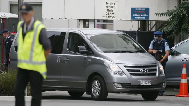 A funeral services vehicle leaves Christchurch Hospital. Picture: David Moir/AFP