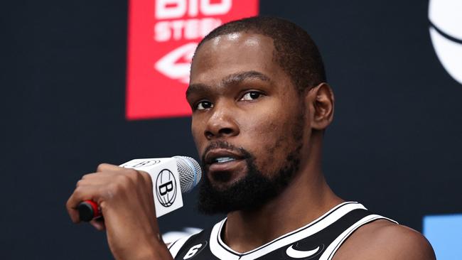 NEW YORK, NEW YORK - SEPTEMBER 26: Kevin Durant #7 of the Brooklyn Nets speaks during a press conference at Brooklyn Nets Media Day at HSS Training Center on September 26, 2022 in the Brooklyn borough of New York City. NOTE TO USER: User expressly acknowledges and agrees that, by downloading and/or using this photograph, User is consenting to the terms and conditions of the Getty Images License Agreement. (Photo by Dustin Satloff/Getty Images)