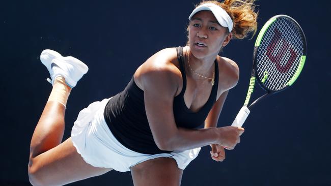 Destanee Aiava serves Kimberly Birrell in the Australian Open wildcard semi-final. Picture: Michael Klein