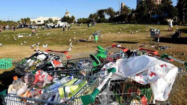 Rubbish left by Christmas Day revellers at St. Kilda foreshore. Picture: Nicole Garmston