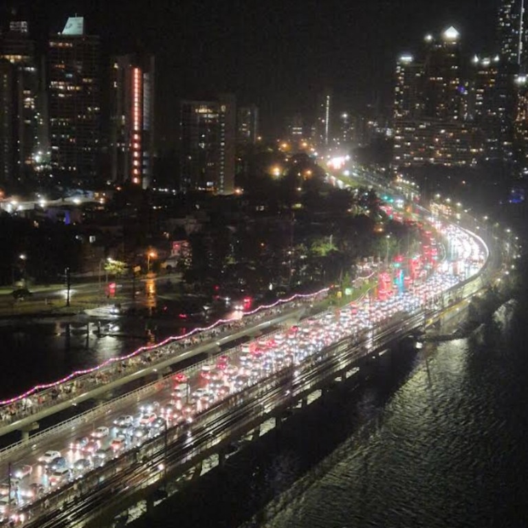 Traffic on the Gold Coast Highway at the Sundale Bridge after the Out 2 Lunch concert at the Broadwater Parklands.