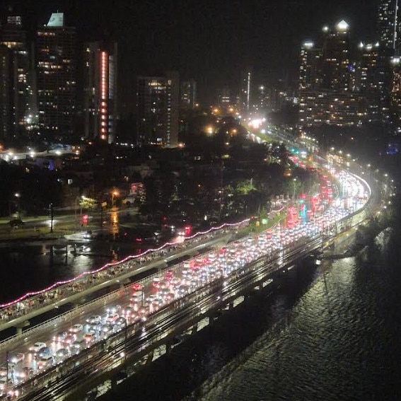 Traffic on the Gold Coast Highway at the Sundale Bridge after the Out 2 Lunch concert at the Broadwater Parklands.
