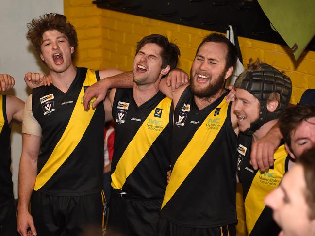 Peninsula FNL: Seaford v Mt Eliza football at Seaford reserve. Happy Tigers after the win. Picture: AAP/ Chris Eastman