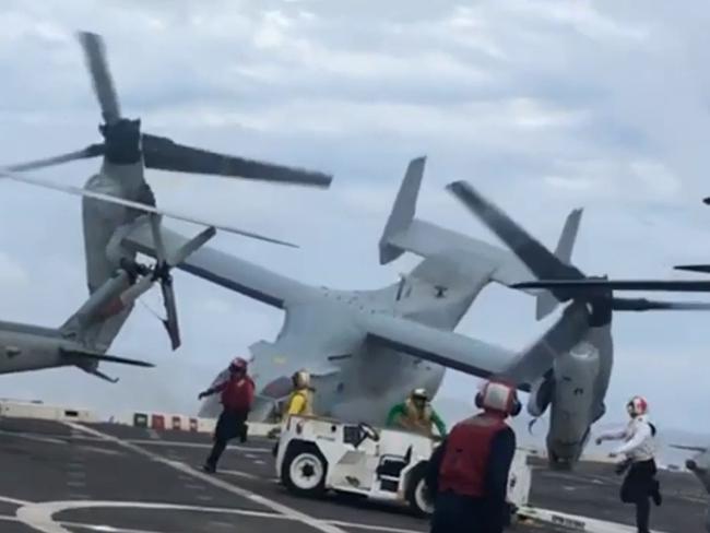 A still image from a video of an MV-22 Osprey smashing into the deck of the USS Green Bay off the Queensland coast a few days after Exercise Talisman Sabre 2017. Picture: Supplied