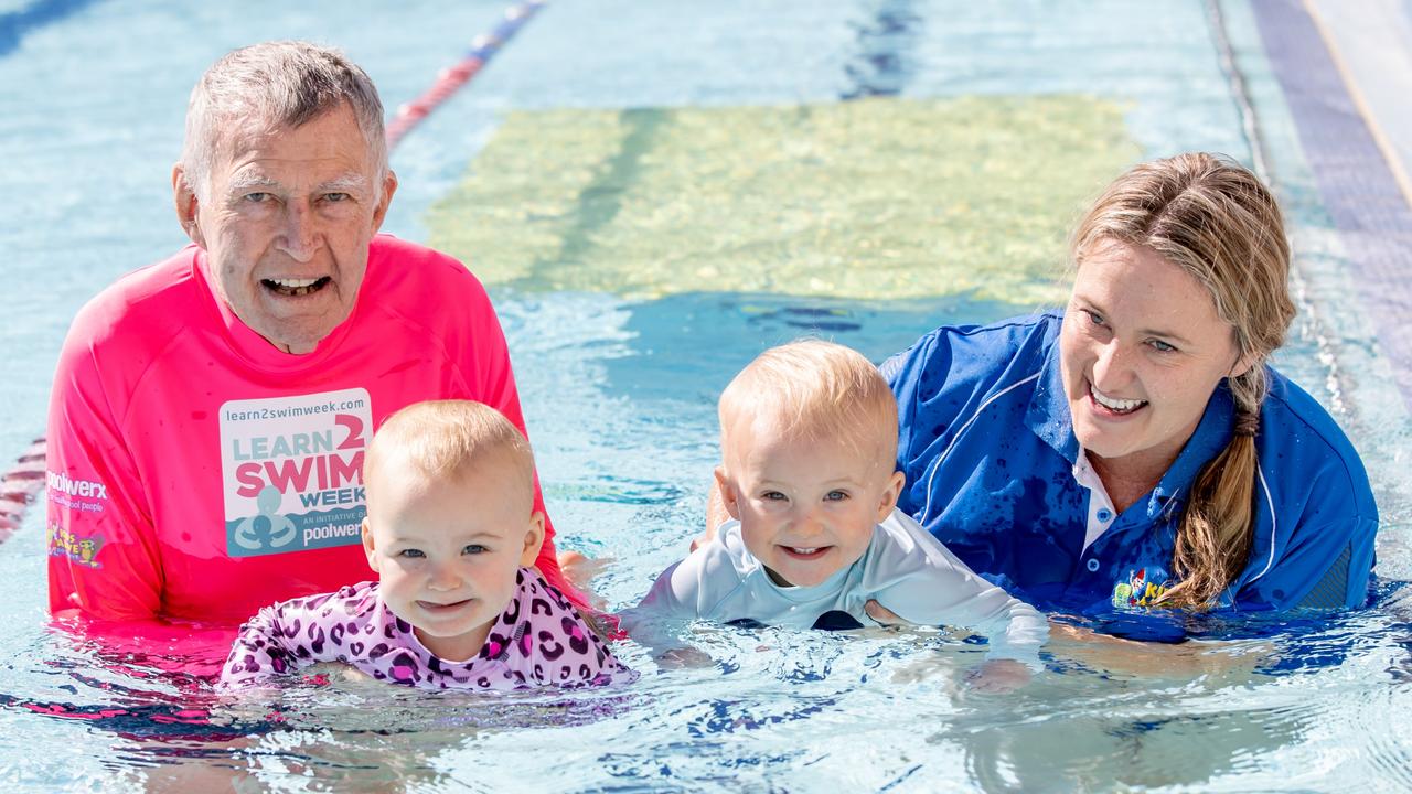 Ex-Olympic swimming coach and Kids Alive founder Laurie Lawrence with Kate Simpson, mother to two 18-month-old twins.