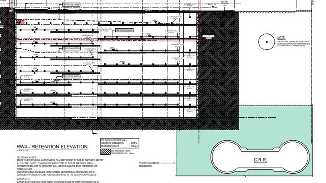 Renders show the building's basement within the seven-metre exclusion zone (in green) around the now-under construction Cross River Rail project. Picture: PD Online.