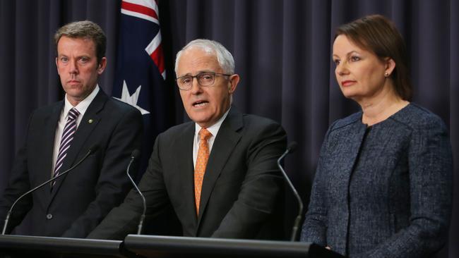 Veterans Affairs Minister Dan Tehan, Prime Minister Malcolm Turnbull and Minister for Health Sussan Ley holding a press conference at Parliament House in Canberra. Picture: Kym Smith