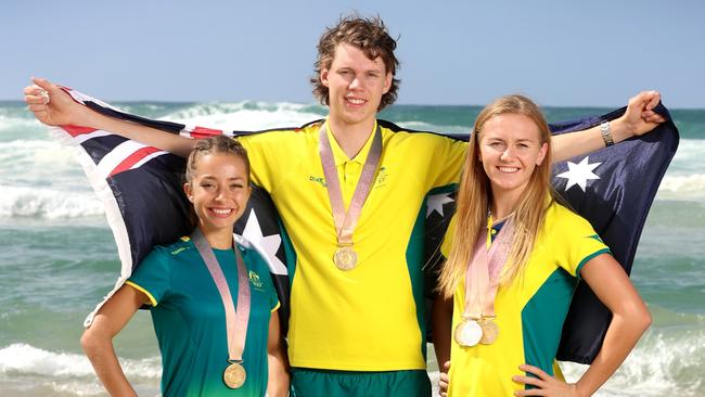 WARNING FOR MONDAY PAPERS ONLY NOT FOR ONLINE WARNING Rissing stars of the 2018 Commonwealth games. Ariarne Titmus (Swiiming) Kelland O'Brien (track Cycling) and Jemima Montag (Walker) (L to R). Picture: Alex coppel.