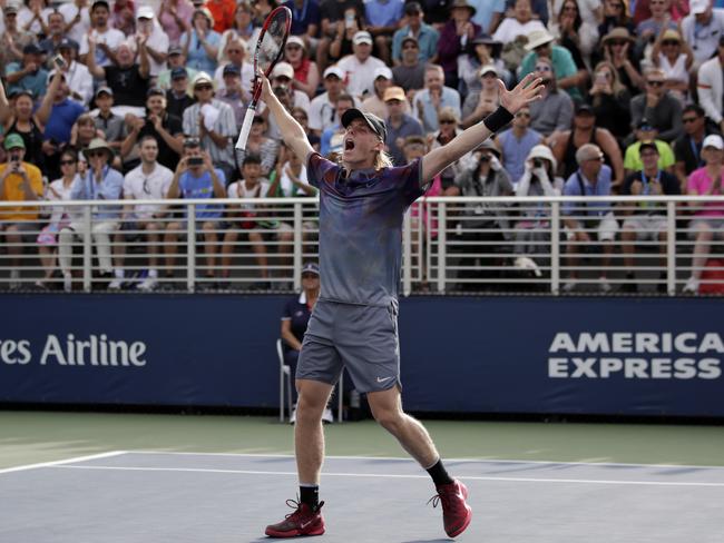 Denis Shapovalov, of Canada, reacts after beating Daniil Medvedev.