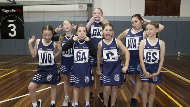 Lara Silver under-11 netball team pull their funniest faces. Picture: Alan Barber