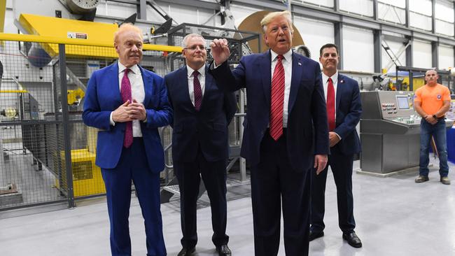 Donald Trump with Anthony Pratt (left) and ex PM Scott Morrison during a visit to Pratt Industries’s plant in Wapakoneta, Ohio in 2019. Picture: Saul Loeb/AFP