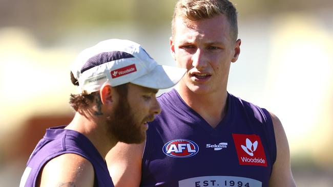 Josh Treacy (right) at Fremantle training.