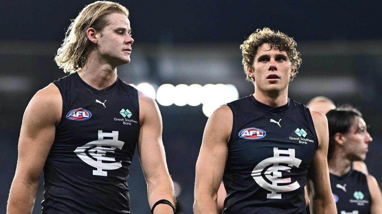 Carlton duo Tom De Koning (left) and Charlie Curnow both pulled up well from the Bulldogs loss and will be fit to face North Melbourne, according to teammate Lachie Fogarty. Picture: Quinn Rooney / Getty Images