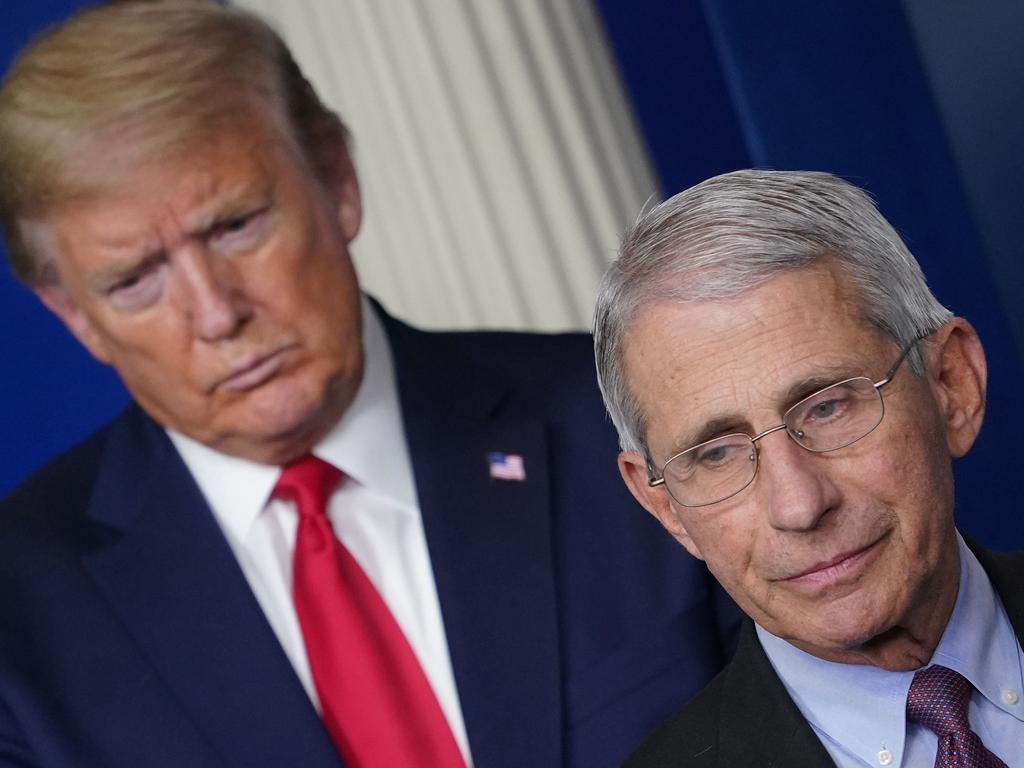 Donald Trump and Anthony Fauci don’t see eye-to-eye on the US death toll. Picture: AFP