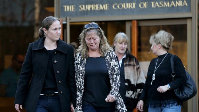 Jodi Eaton's sister Sandra Eaton, left, and mother Margaret Pickerell leave the Supreme Court in Hobart after sentencing in 2015.