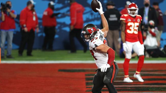 Rob Gronkowski #87 of the Tampa Bay Buccaneers spikes the ball after scoring a 17 yard touchdown in the second quarter against the Kansas City Chiefs. Picture: Patrick Smith/Getty Images