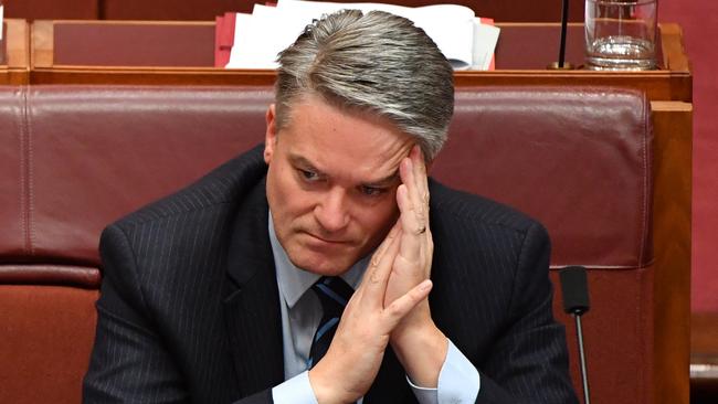 Former minister for finance Mathias Cormann digests a difficult day during Senate time on Thursday. Picture: AAP