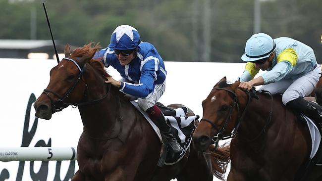 Cieren Fallon rides English colt Lake Forest (left) to victory over French raider Lazzat in a drama-filled Golden Eagle at Rosehill.