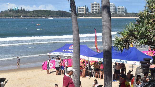 Crowds, tents and cabanas lined Mooloolaba beach on Saturday as day two of the Senior and Masters division of the 2023 Queensland Surf Life Saving Championships began. Photo: Elizabeth Neil