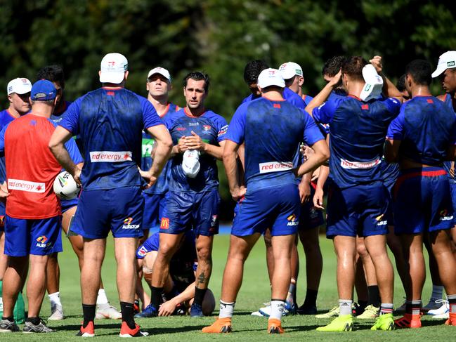 8/1/19 Knights player Mitchell Pearce speaks to the team during a training session at Wests at Mayfield in Newcastle. Tracey Nearmy/Daily Telegraph