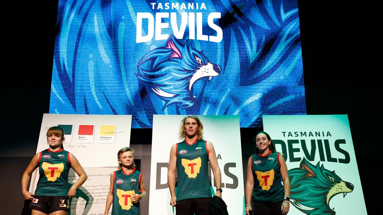 DEVONPORT, AUSTRALIA - MARCH 18: The Tasmania Devils Foundation jumper is revealed during the Tasmania Football Club Launch at Paranaple Convention Centre on March 18, 2024 in Devonport, Australia. (Photo by Michael Willson/AFL Photos via Getty Images)