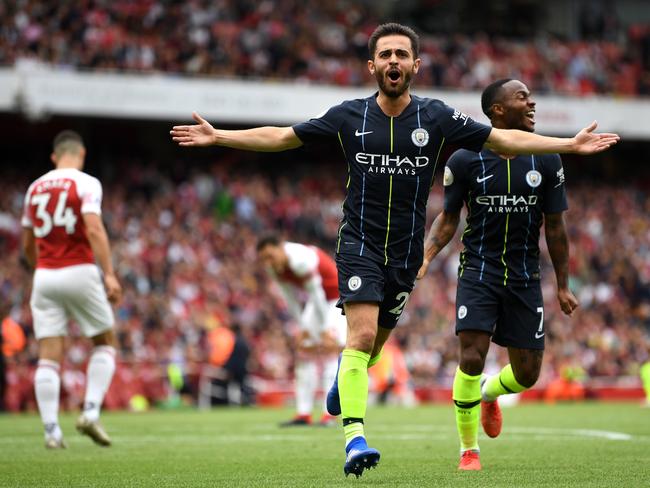 LONDON, ENGLAND - AUGUST 12:  Bernardo Silva of Manchester City celebrates scoring his team's second goal during the Premier League match between Arsenal FC and Manchester City at Emirates Stadium on August 12, 2018 in London, United Kingdom.  (Photo by Michael Regan/Getty Images)