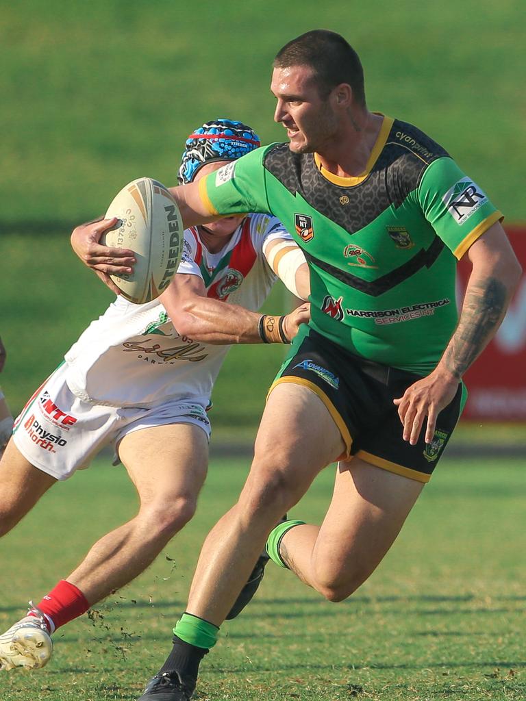 Palmerston’s Angus Warhurst escapes a tackle in the NRL NT A-Grade match between Nightcliff Dragons and Palmerston Raiders. Picture: Glenn Campbell