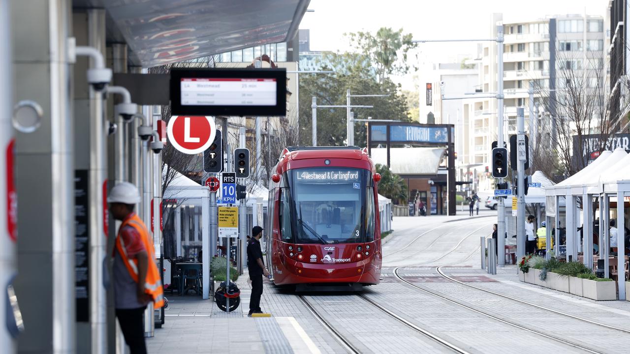 The light rail being tested on Church St in Parramatta. Picture: Jonathan Ng