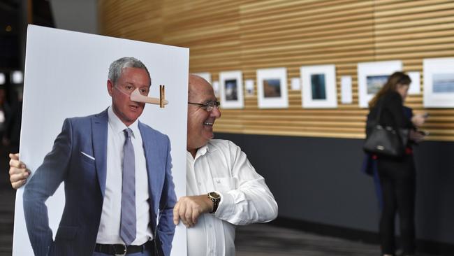 Independent candidate for Cheltenham Vince Scali poses for a photograph with a cut out of Premier Jay Weatherill. Picture: Roy Vandervegt