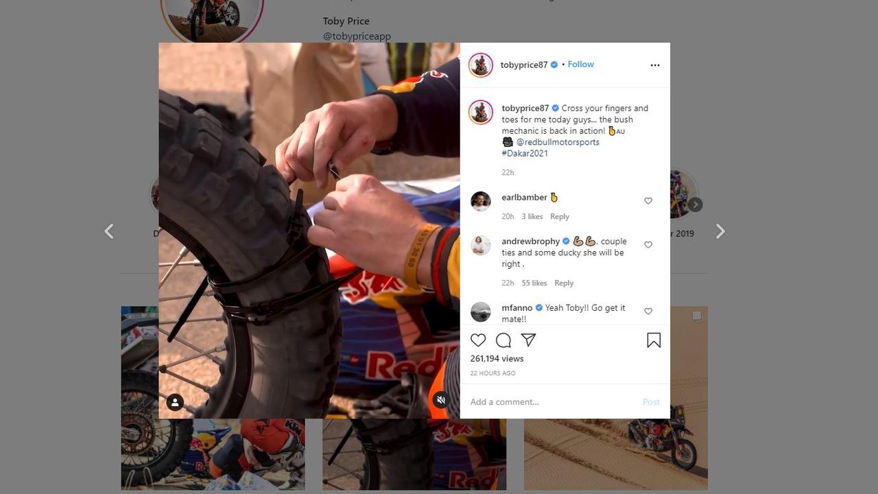 Australia's Toby Price stunned the motorcycle world by riding in the Dakar Rally on a tyre held together with cable ties.