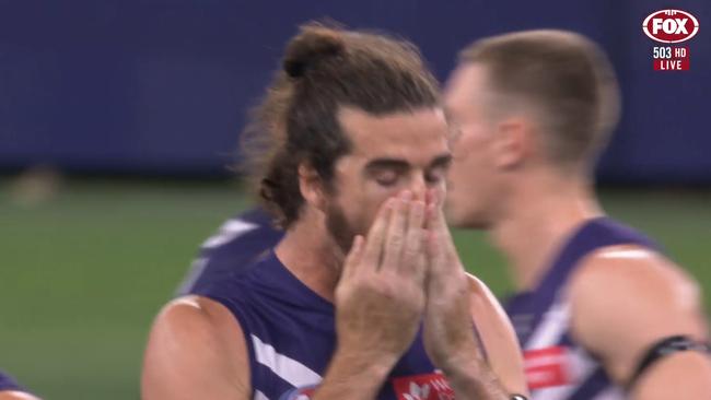 Alex Peace wiped away tears. Photo: Fox Footy.