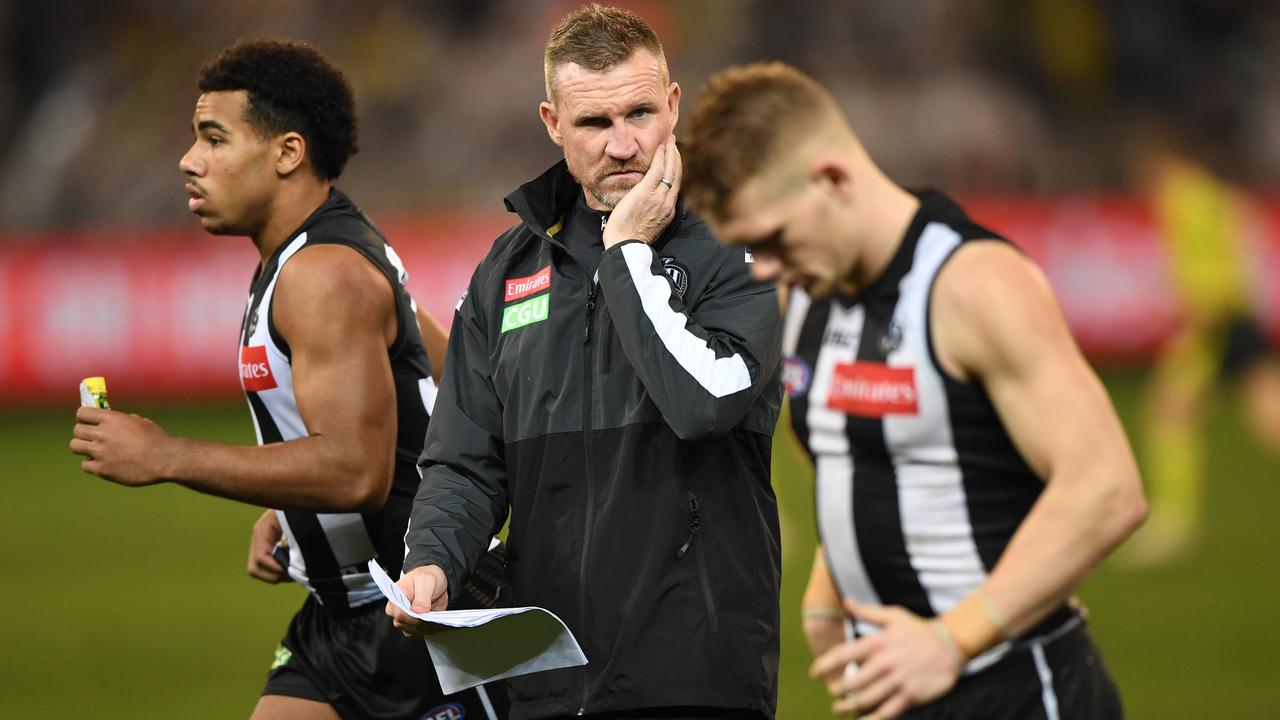 Collingwood coach Nathan Buckley during his side’s loss to Richmond. (AAP Image/Julian Smith)