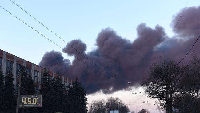 Smoke rises after an explosion in the western Ukrainian city of Lviv. Picture: AFP