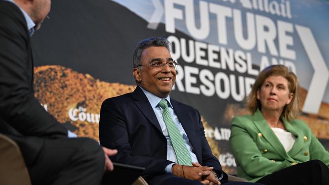 Samir Vora, Executive Director, Bravus , interviewed by Chris Jones, Editor, The Courier-Mail, during the Future Resources 2024 lunch at the Brisbane Convention Centre. pic: Lyndon Mechielsen/Courier Mail