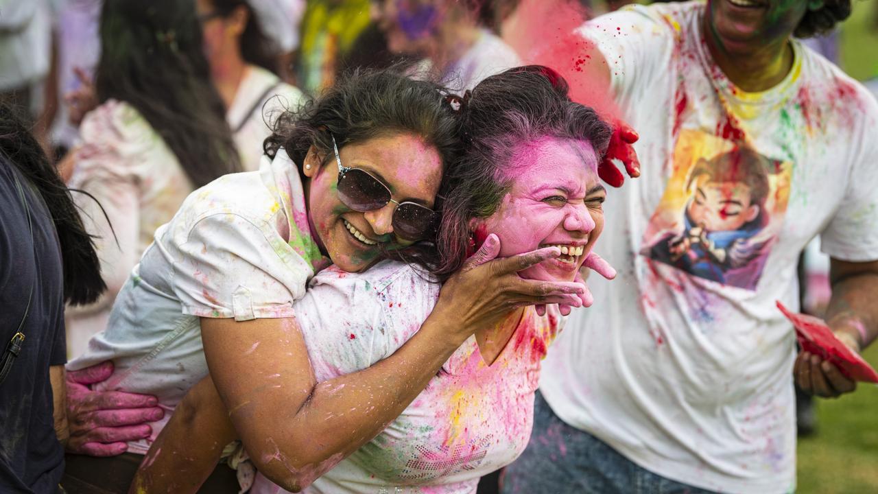 Nancy Shah (left) and Monika Shinde as the Toowoomba Indian and Nepalese communities celebrate Holi, the festival of colours, Saturday, March 23, 2024. Picture: Kevin Farmer