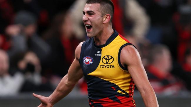 MELBOURNE, JULY 19, 2024: 2024 AFL - Round 19 - Essendon Bombers v Adelaide Crows at Marvel Stadium. Josh Rachele of the Crows celebrates a goal, Picture: Mark Stewart