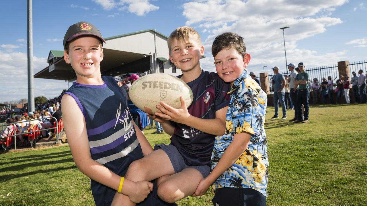 Junior Toowoomba Bears players (from left) Tom Makkai, Cameron Anderssen and Angus Dean on Downs Rugby 2023 grand final day. Picture: Kevin Farmer