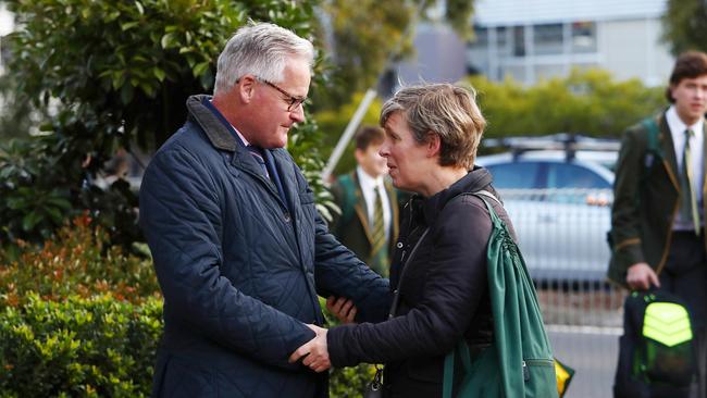 Trinity Grammar headmaster Dr Michael Davies wishes students and parents well outside the school after he announced his resignation. Picture: Aaron Francis