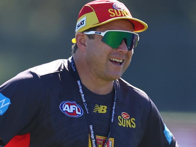 GOLD COAST, AUSTRALIA - MAY 23: Head coach Stuart Dew during a Gold Coast Suns AFL media opportunity at Austworld Centre Oval on May 23, 2023 in Gold Coast, Australia. (Photo by Chris Hyde/Getty Images)