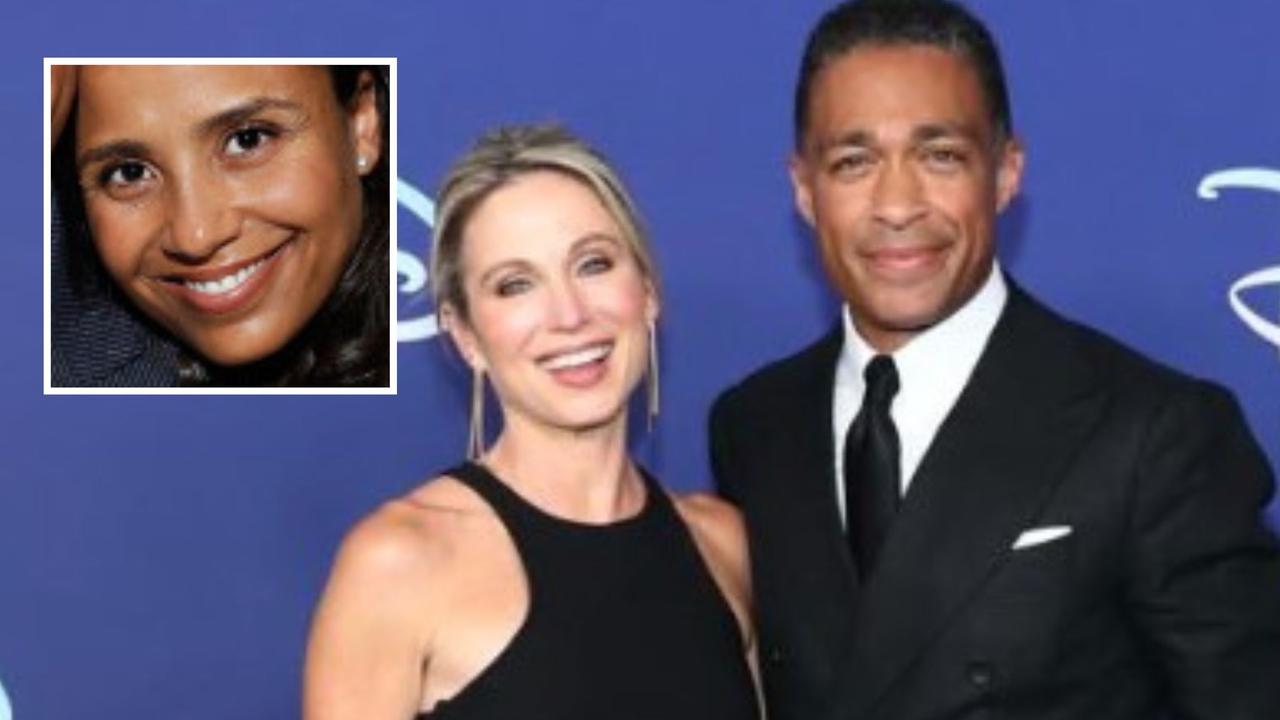 Good Morning America hosts Amy Robach and TJ Holmes, and inset, Holmes’ wife.