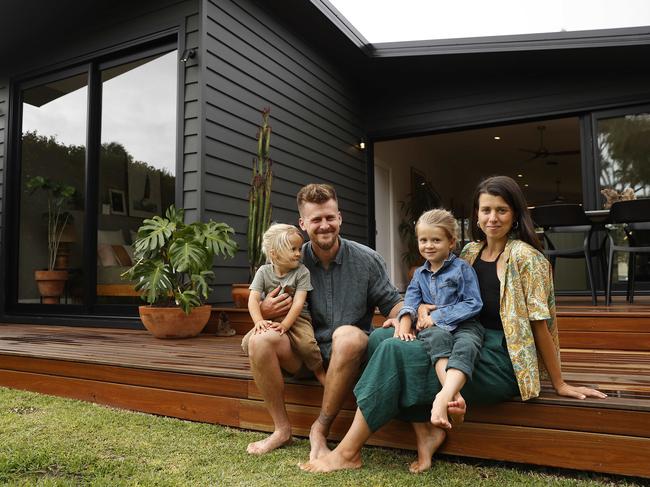 WEEKEND TELEGRAPH - 22.11.23MUST NOT PUBLISH BEFORE CLEARING WITH PIC EDITOR - Penny and Ged Blaschka with kids Arjen (wearing blue top) and Elio at their Kurnell home which they have just sold. Picture: Sam Ruttyn