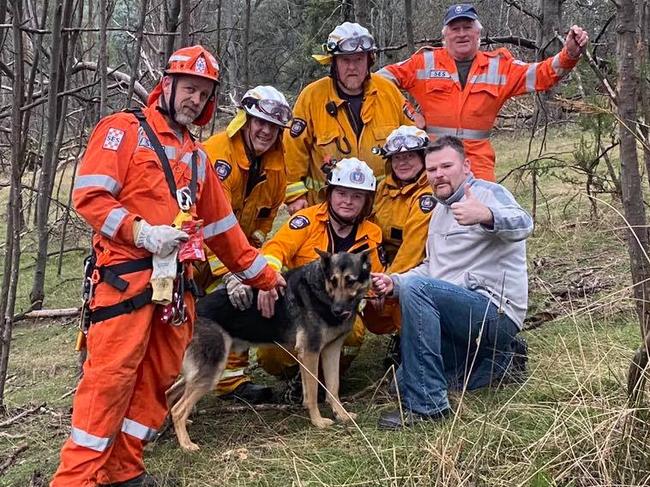 TFS and SES crews with rescued pet dog Bear at Beaconsfield.