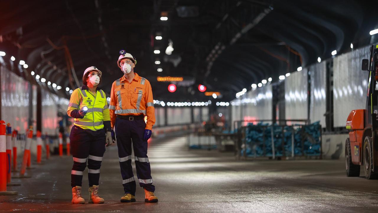 Letitia Tawera and Jon Workman in the southbound tunnel of the WestConnex M4-M5 at St Peters. Picture: Justin Lloyd