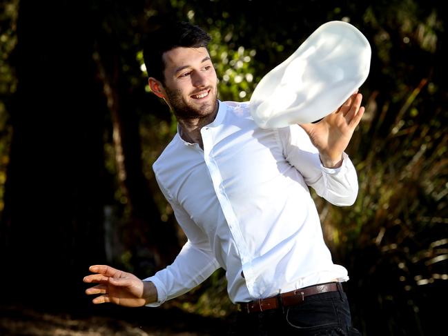 Marco De Marco of Ryde is a Pizza Acro World Champion. He flips/spins pizza dough while doing acrobatics. He's performing at the Italian Wine + Food Festival on Aug 26 and works at Assembly Bar. Ryde, NSW, Australia, 11 August 2018. (AAP Image/Annika Enderborg)