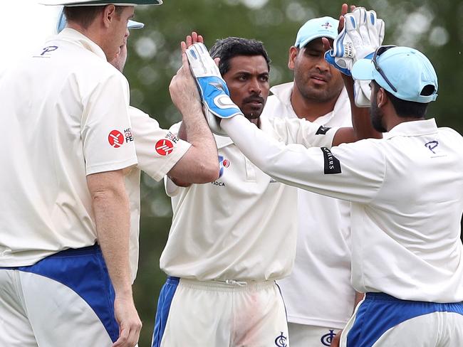 Ivanhoe bowler Sunny Fernando celebrates a caught and bowled chance from Mitchell Shellie during the VSDCA cricket match between Ivanhoe and Coburg played at Ivanhoe Park on Saturday 18th November, 2017.